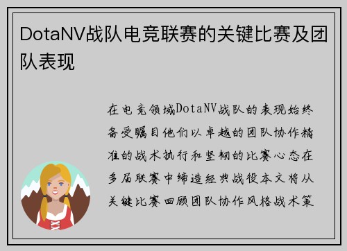 DotaNV战队电竞联赛的关键比赛及团队表现