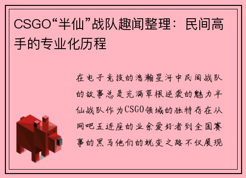 CSGO“半仙”战队趣闻整理：民间高手的专业化历程